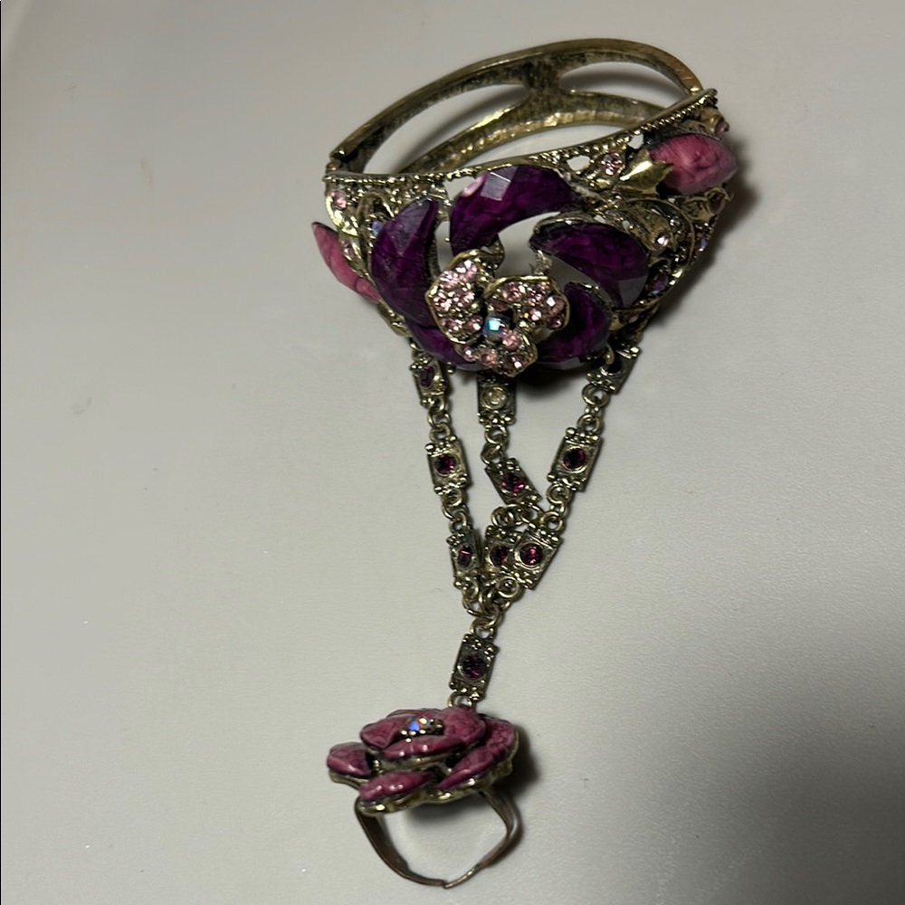Floral Bracelet Ring Set Bronze and Purple
